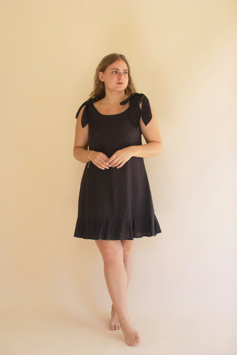 Midnight  Tie-Shoulder Dress with Pleated Hem