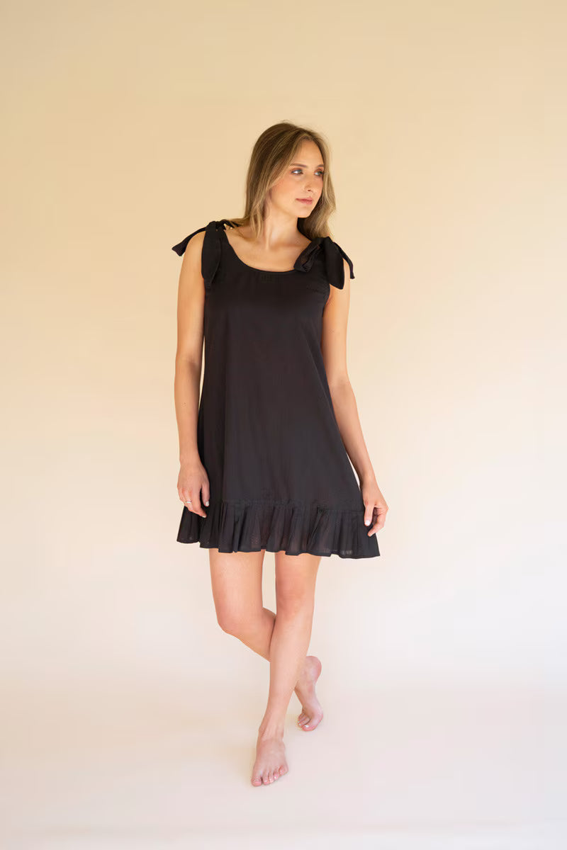 Midnight  Tie-Shoulder Dress with Pleated Hem