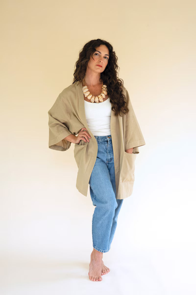 Oatmeal Short Kimono with Front Pockets