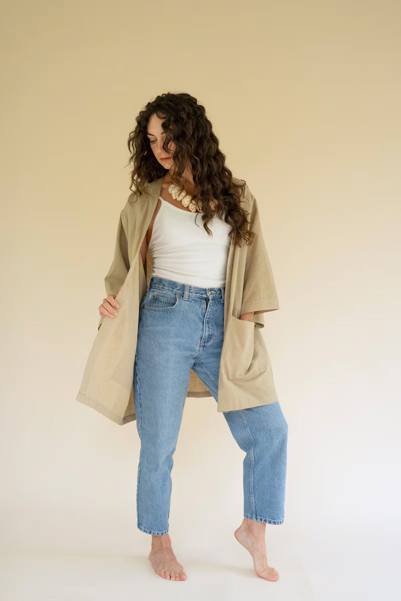 Oatmeal Short Kimono with Front Pockets