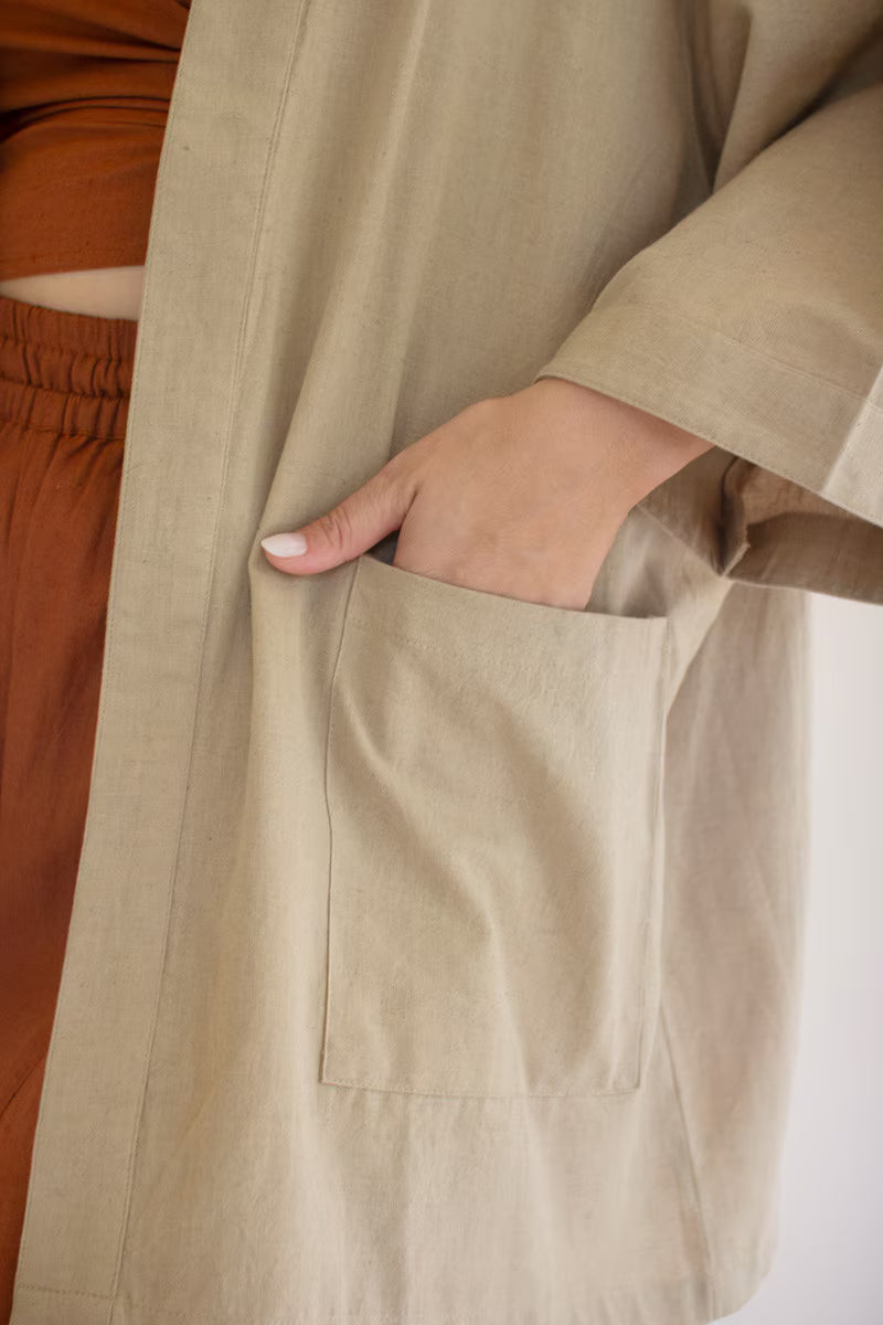 Oatmeal Short Kimono with Front Pockets