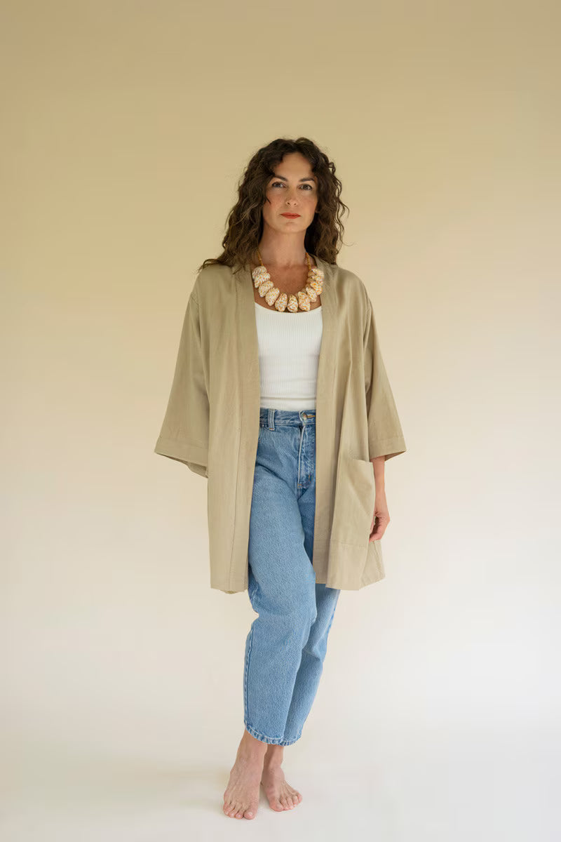 Oatmeal Short Kimono with Front Pockets