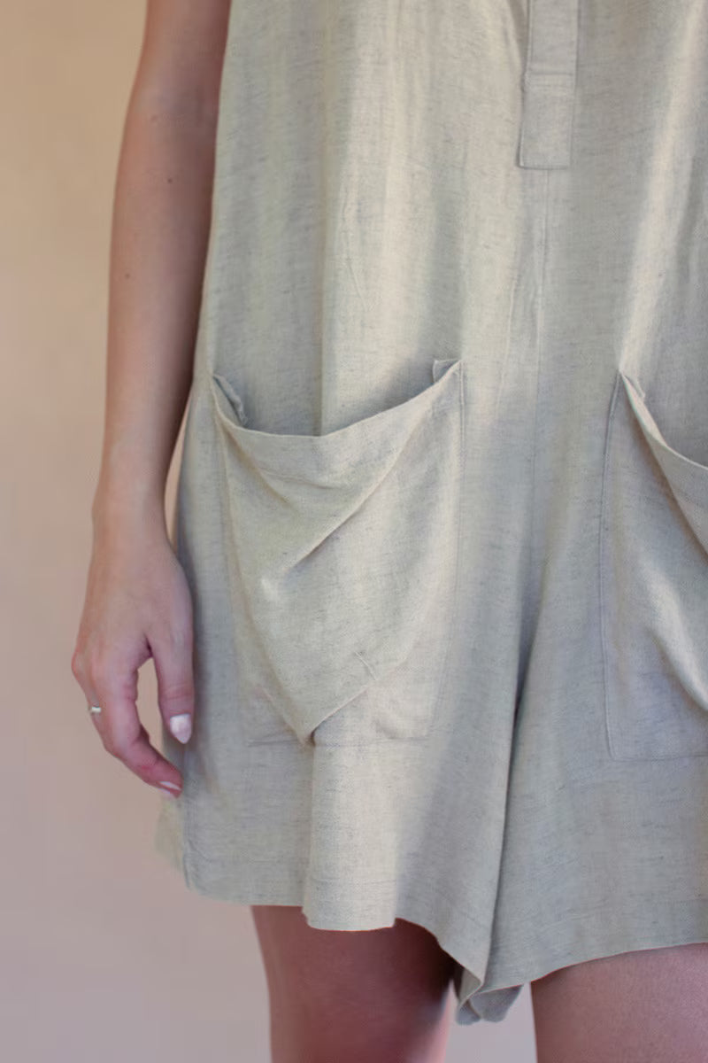 Oatmeal Adjustable-Strap Short Jumper with Front Pockets