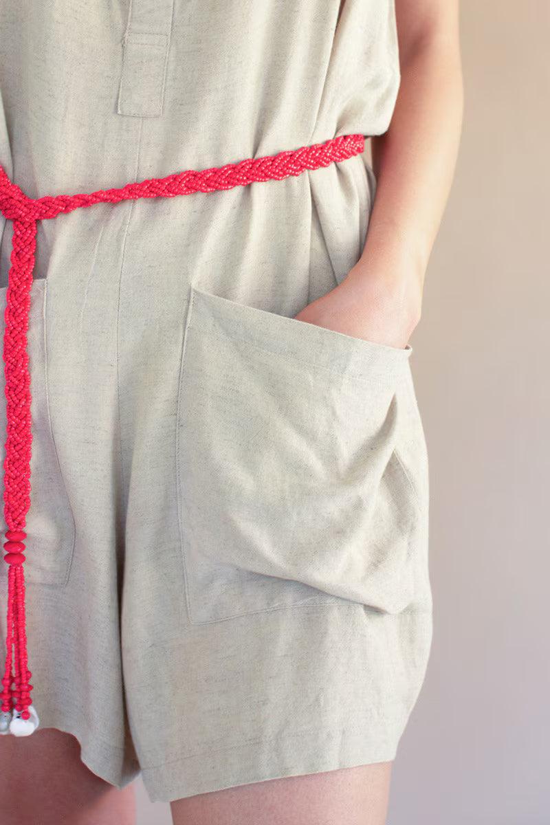Oatmeal Adjustable-Strap Short Jumper with Front Pockets