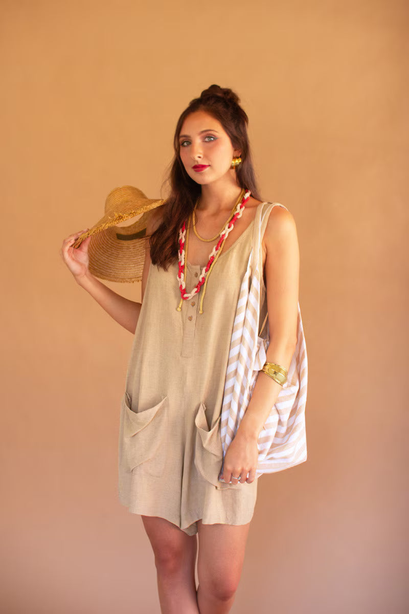 Oatmeal Adjustable-Strap Short Jumper with Front Pockets
