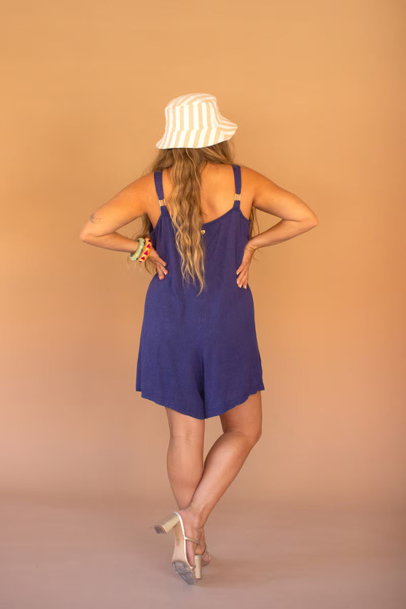 Blueberry Adjustable-Strap Short Jumper with Front Pockets