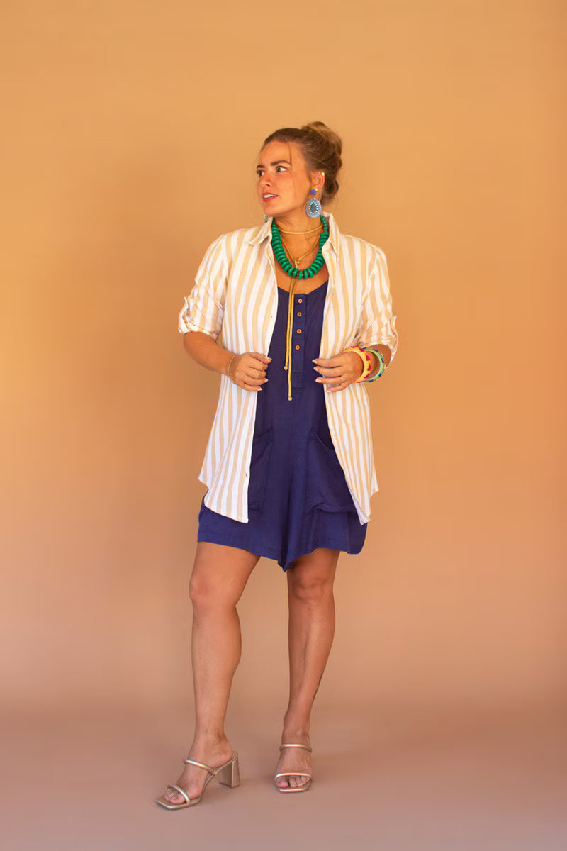 Blueberry Adjustable-Strap Short Jumper with Front Pockets