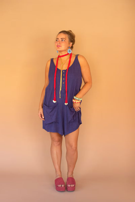 Blueberry Adjustable-Strap Short Jumper with Front Pockets