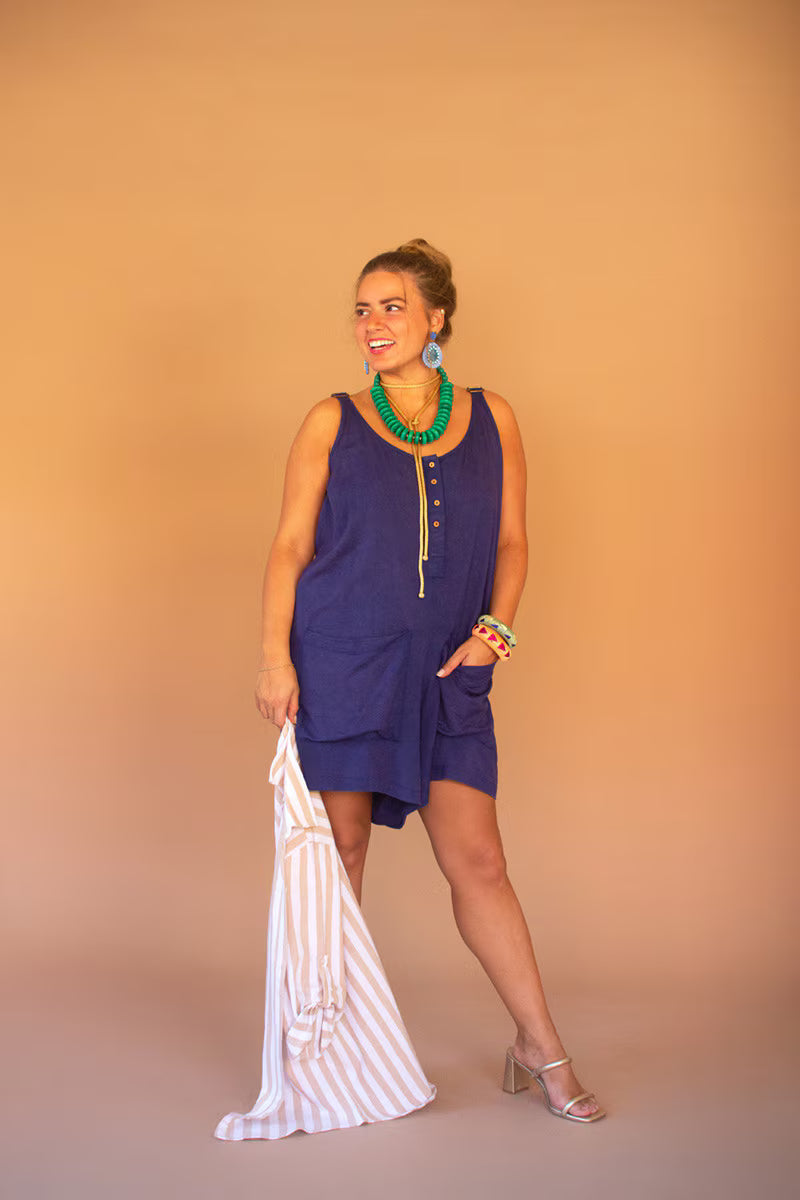Blueberry Adjustable-Strap Short Jumper with Front Pockets