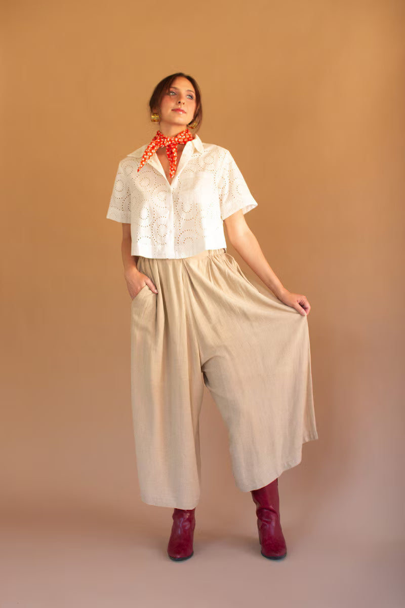 Pleated Front Elastic Waist Wide-Leg Pant