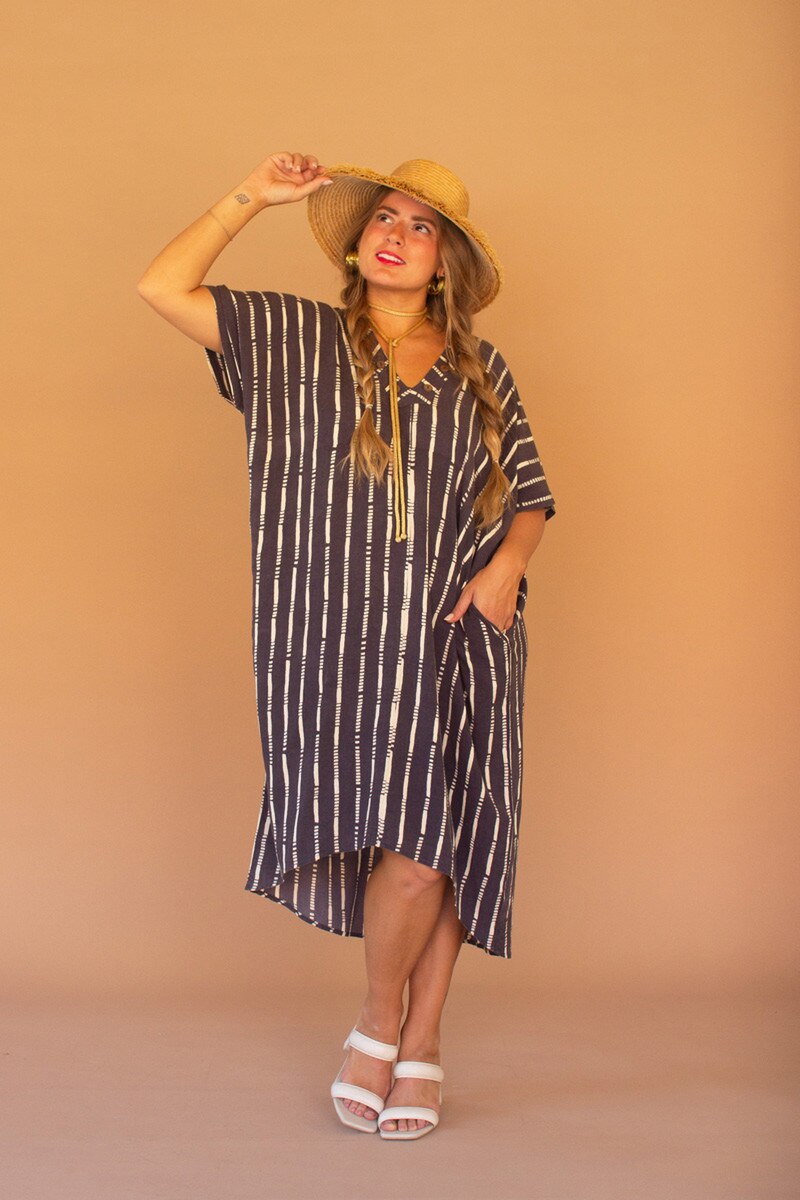 Striped Kaftan with Button Detail