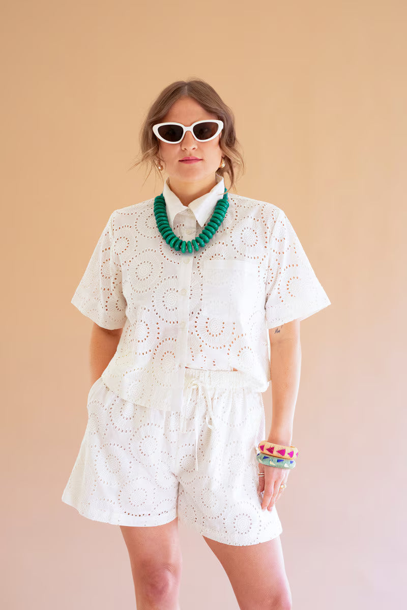Eyelet Button Down Short Sleeve Shirt