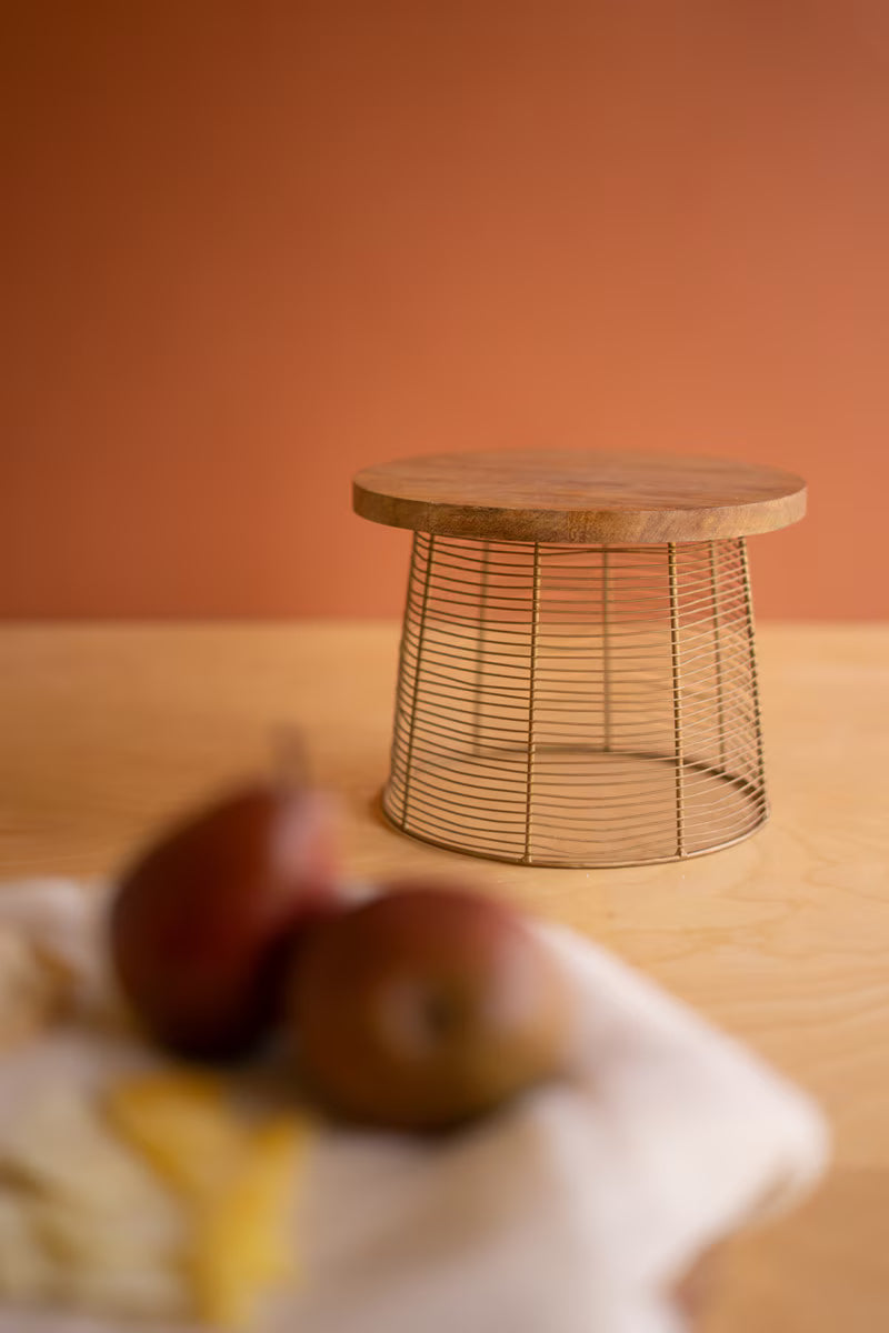 Set of 2 Round Mango Wood and Antique Gold Wire Risers