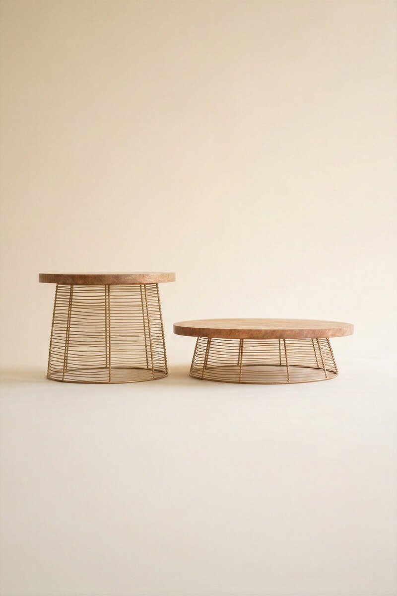 Set of 2 Round Mango Wood and Antique Gold Wire Risers