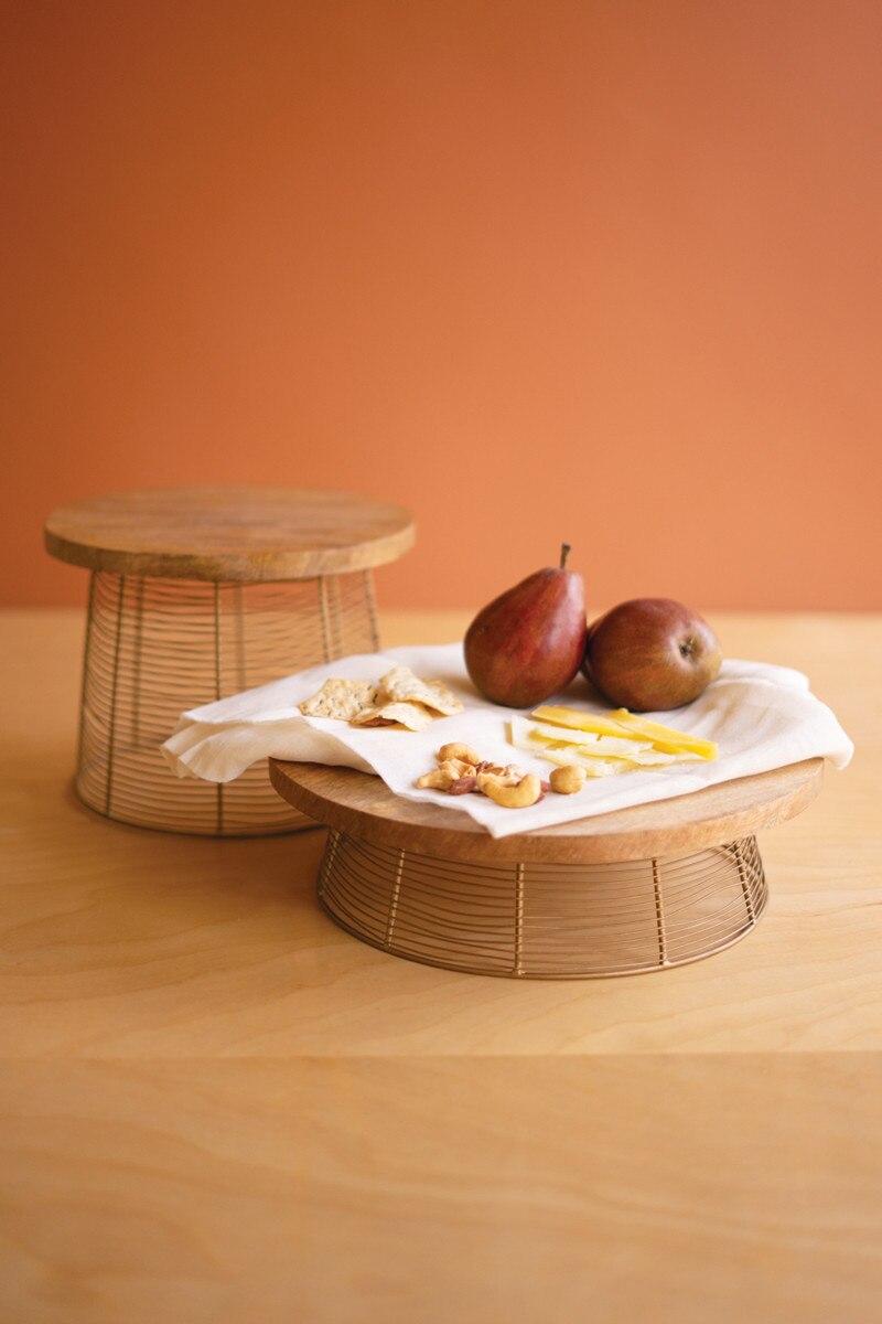 Set of 2 Round Mango Wood and Antique Gold Wire Risers