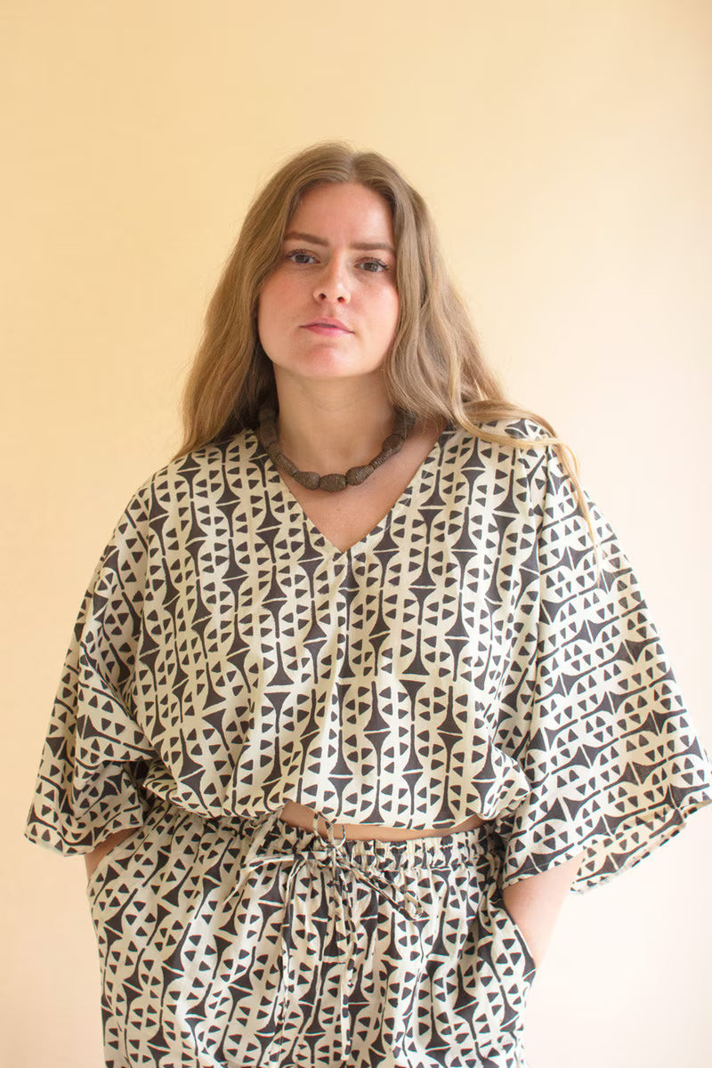 Printed V-Neck Blouse and Drawstring Pant Set