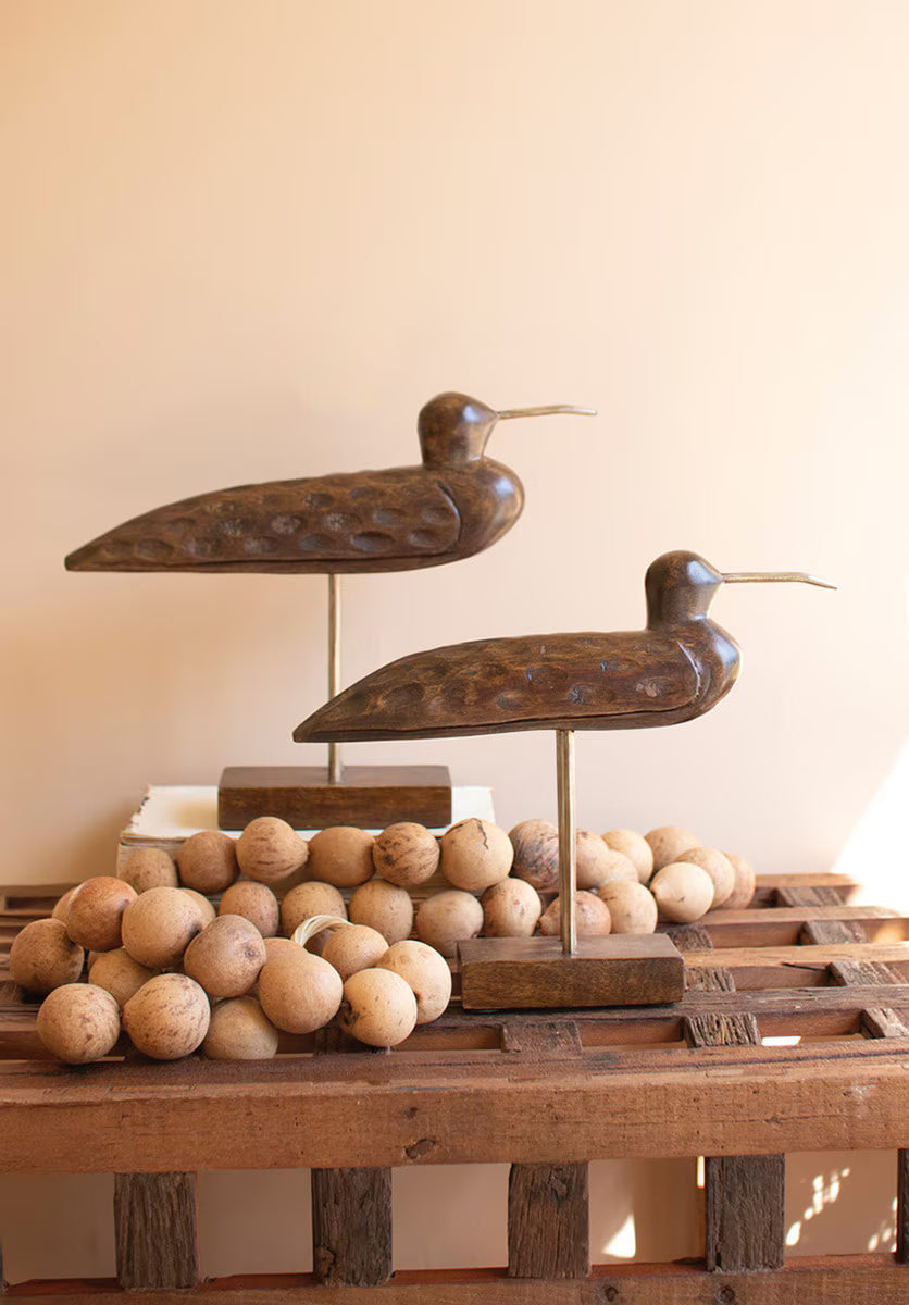 Set of 2 Carved Wooden Shorebirds on Stands