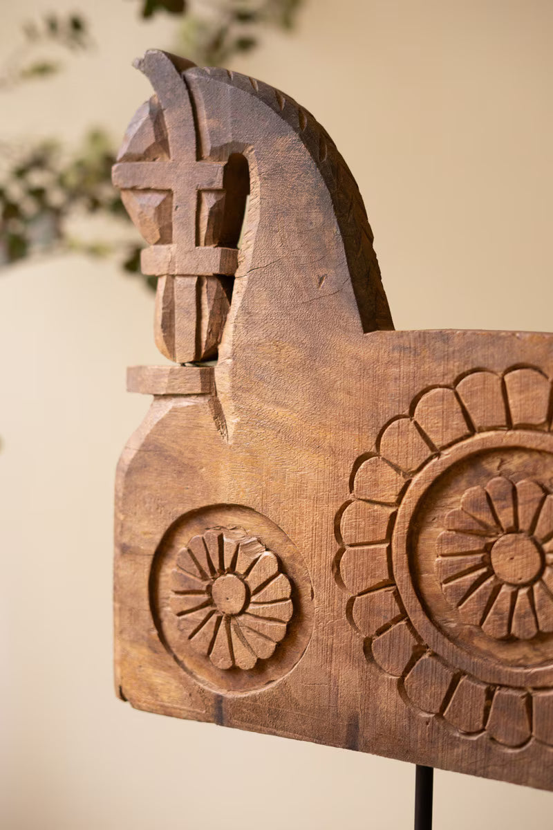 Repurposed Wooden Horse Sculpture on an Iron Base