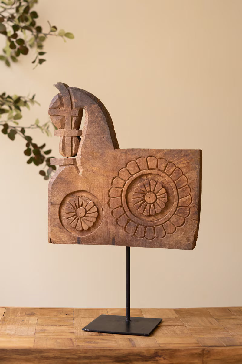 Repurposed Wooden Horse Sculpture on an Iron Base