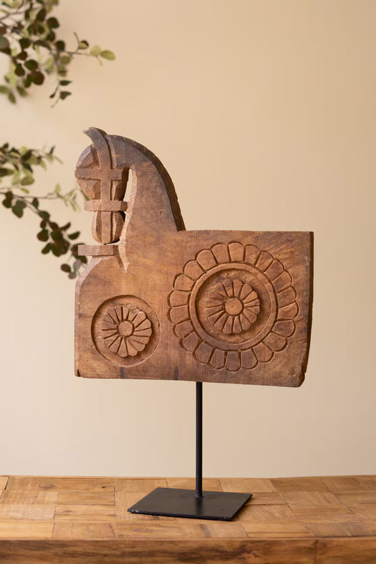 Repurposed Wooden Horse Sculpture on an Iron Base