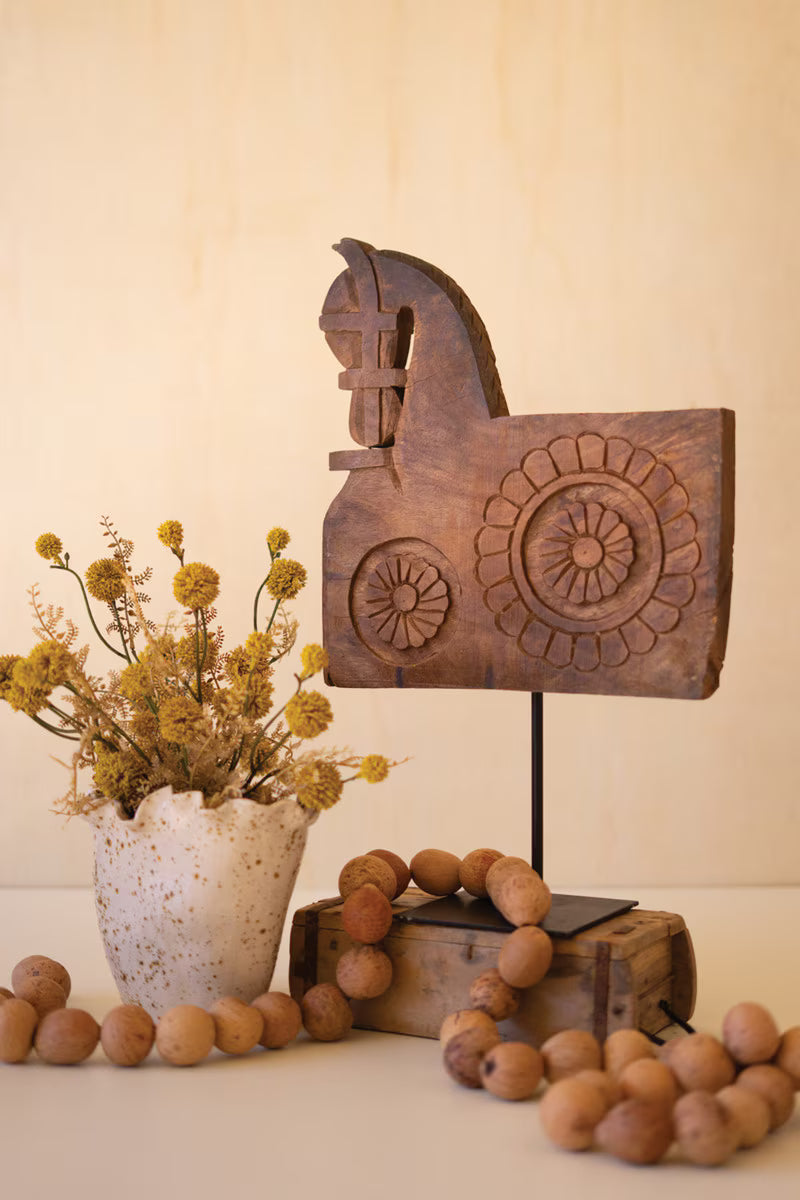 Repurposed Wooden Horse Sculpture on an Iron Base