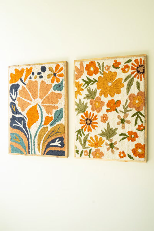 Set of 2 Framed Hand-Hooked Florals