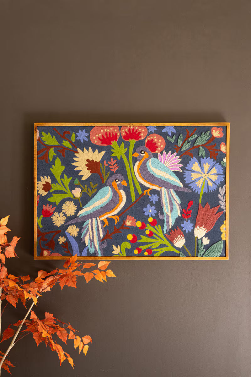 Framed Hand-Hooked Art with Birds and Flowers