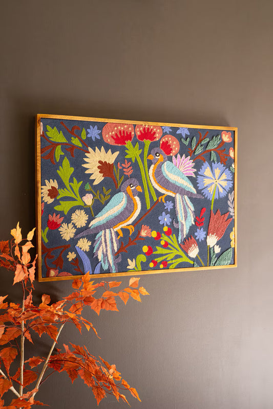Framed Hand-Hooked Art with Birds and Flowers