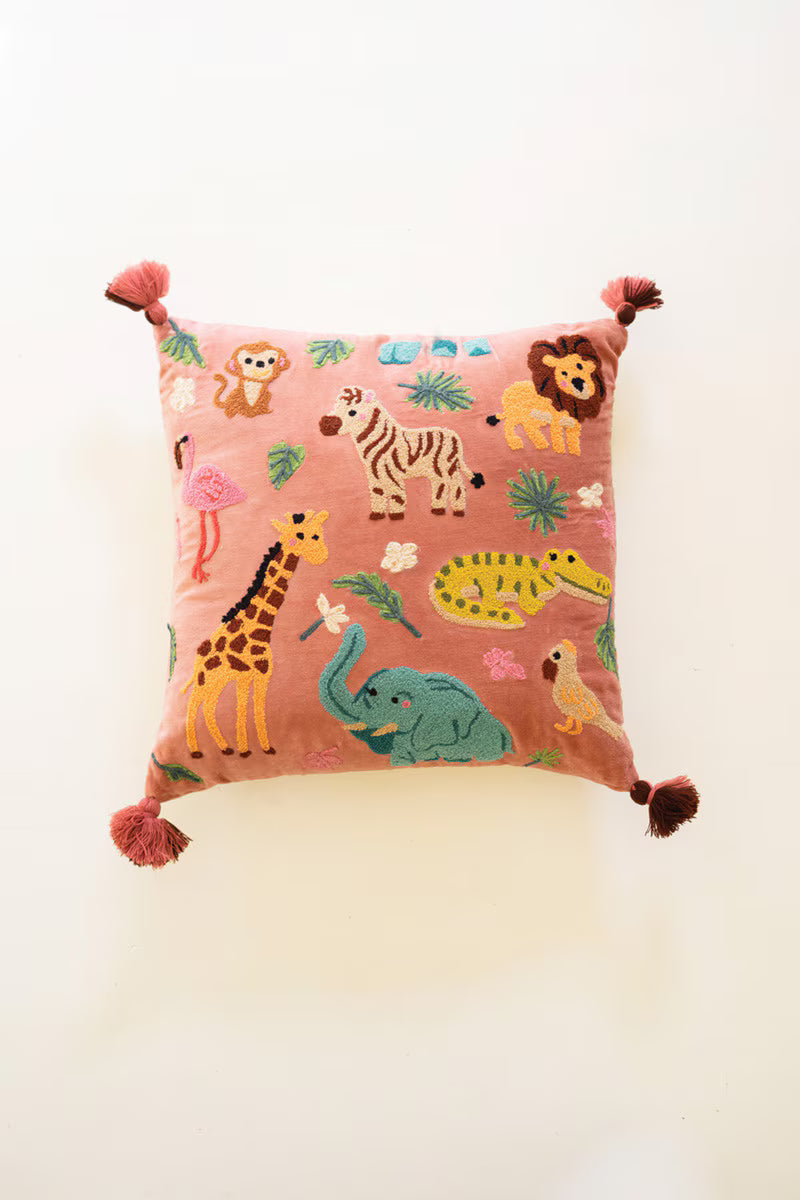 Embroidered Velvet Pillow with Animals