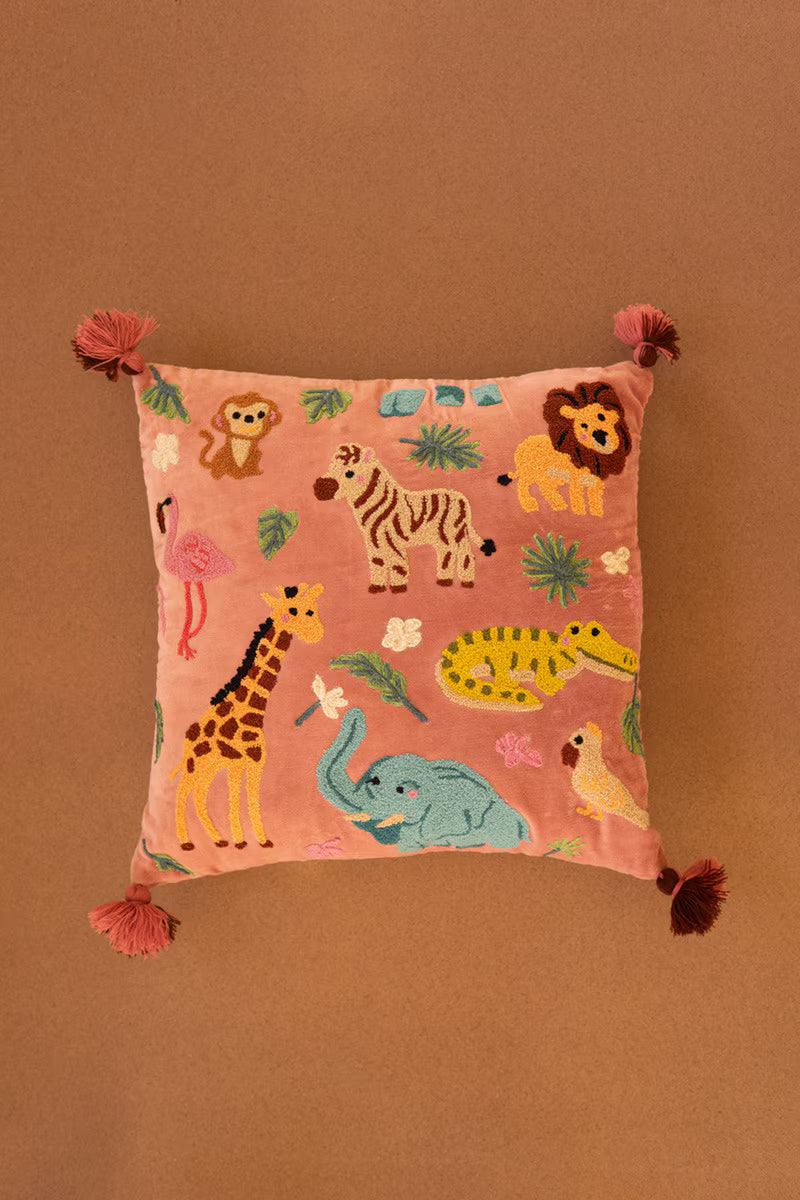 Embroidered Velvet Pillow with Animals