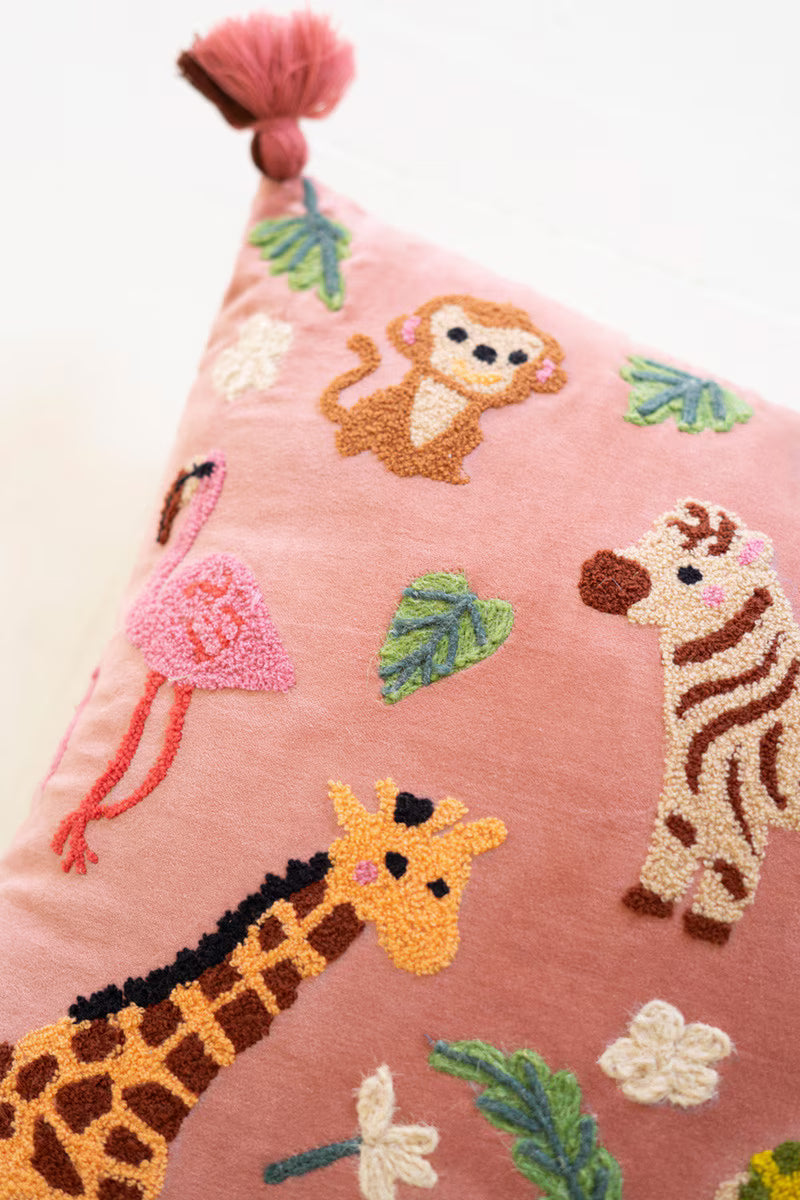 Embroidered Velvet Pillow with Animals