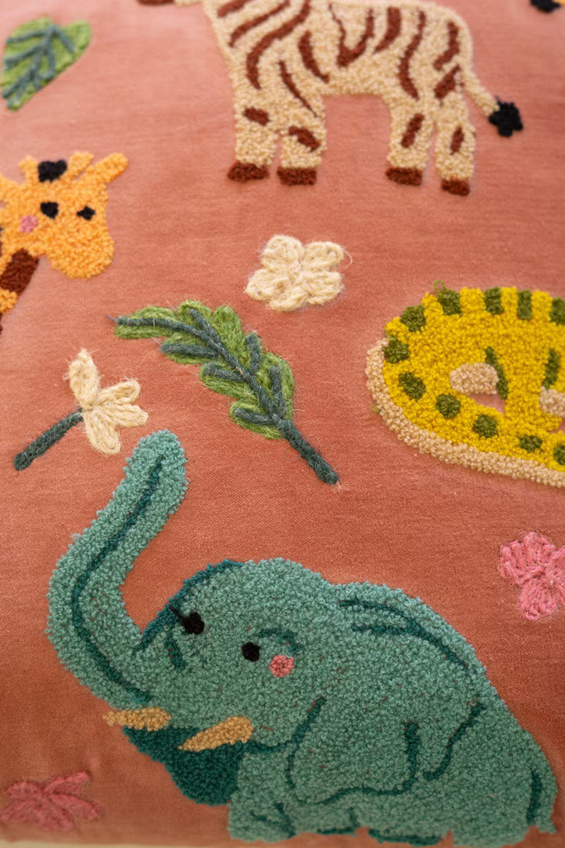 Embroidered Velvet Pillow with Animals