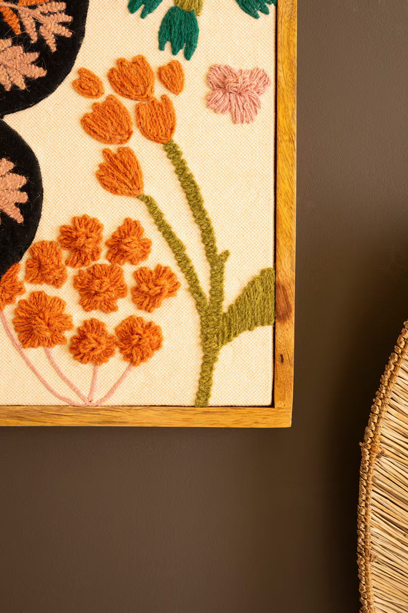 Framed Hand-Hooked Art with Butterfly and Flowers
