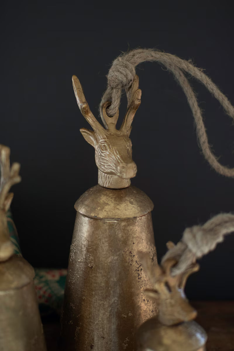 Set of 3 Antique Gold Metal Christmas Bells with Deer Finials