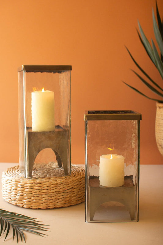 Set of 2 Square Glass Hurricanes with Antique Brass Bases