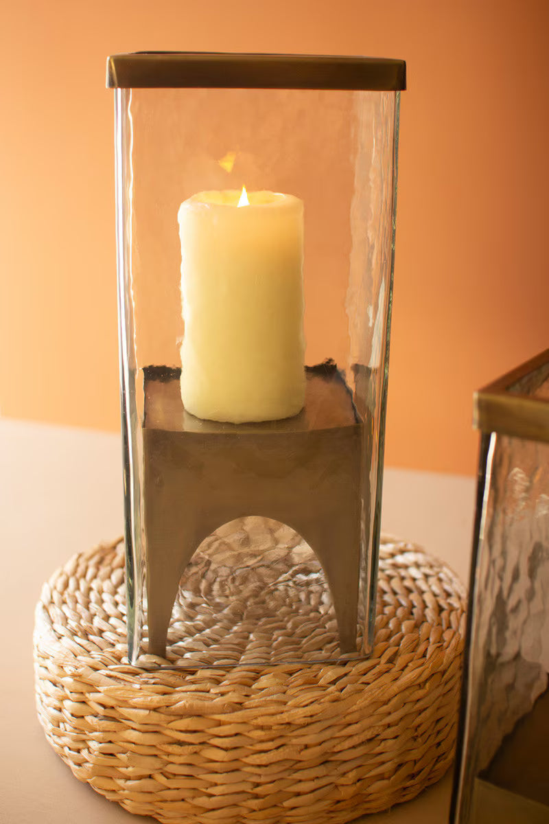 Set of 2 Square Glass Hurricanes with Antique Brass Bases
