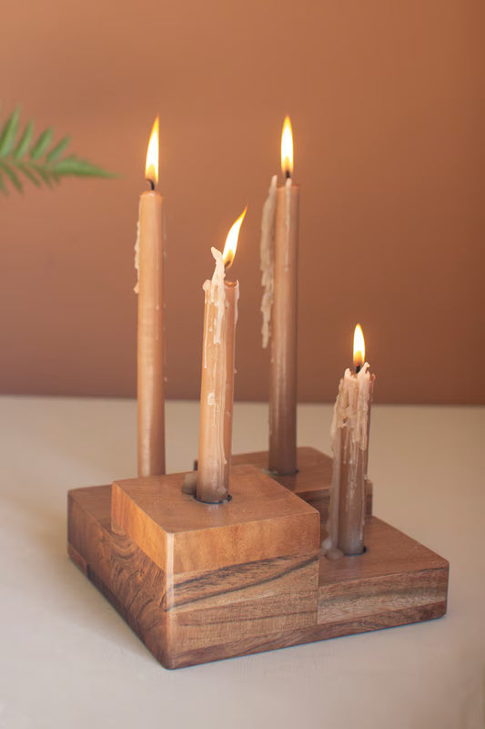 Large Glass Hurricane with a Four Taper Holder Wood Base