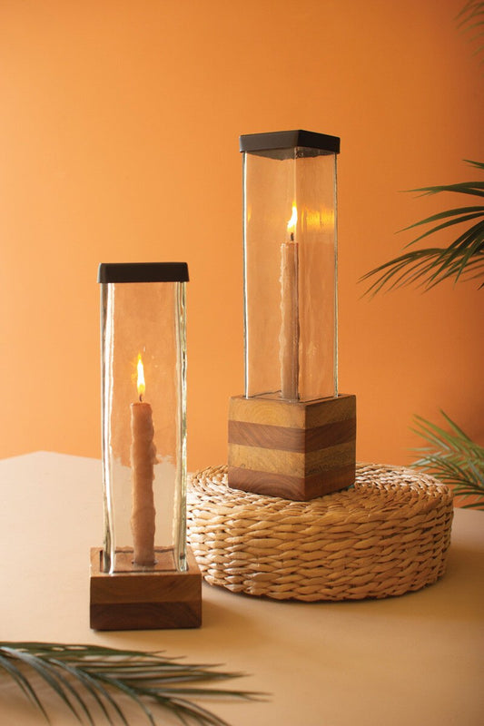 Set of 2 Square Glass and Wood Taper Candle Holders
