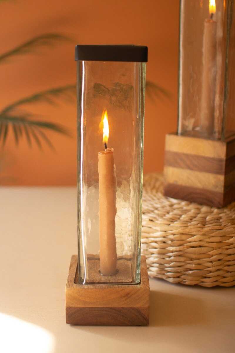 Set of 2 Square Glass and Wood Taper Candle Holders