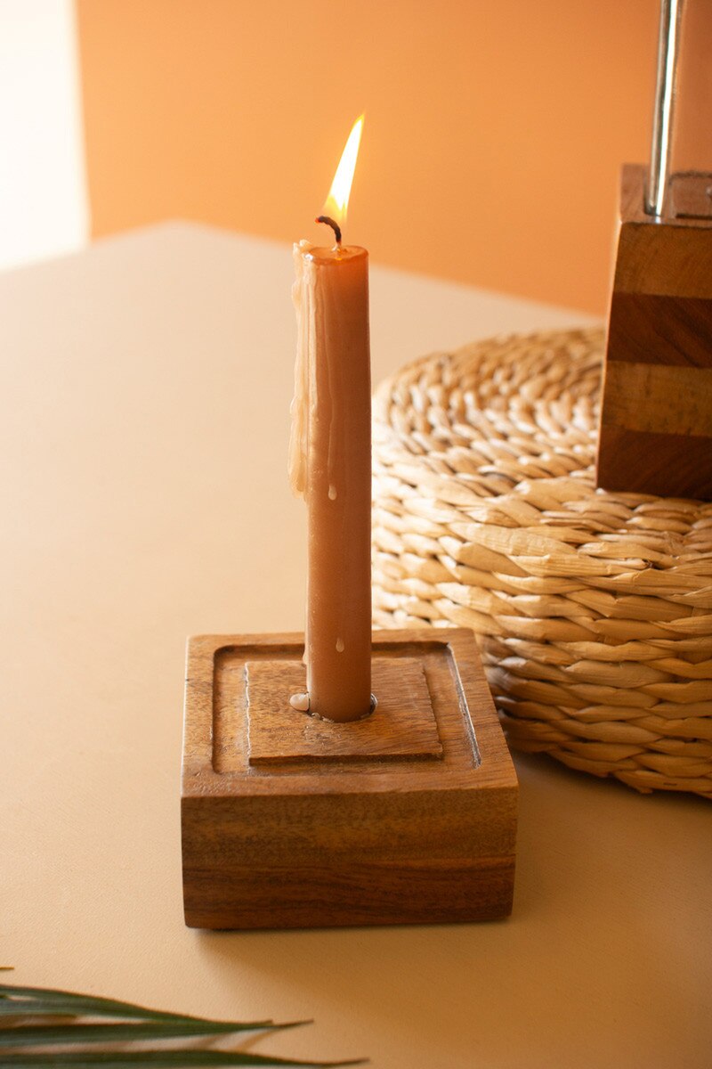 Set of 2 Square Glass and Wood Taper Candle Holders