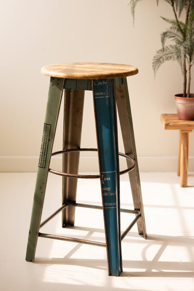 Recycled Metal Bar Stool with Wooden Top