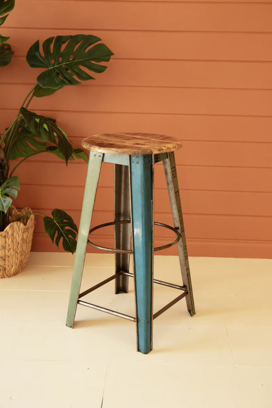 Recycled Metal Bar Stool with Wooden Top