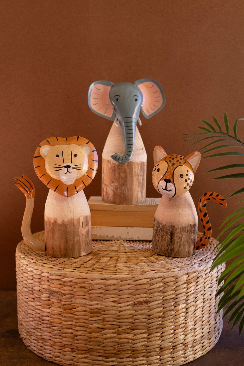 Set of 3 Recycled Wood and Iron Safari Animals