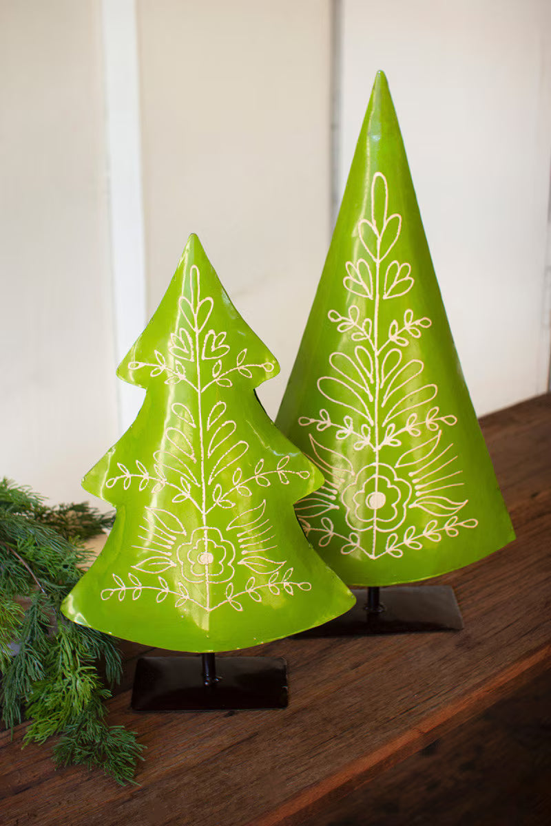 Set of 2 Painted Recycled Metal Folk Christmas Trees