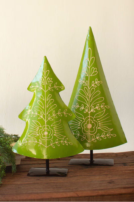Set of 2 Painted Recycled Metal Folk Christmas Trees