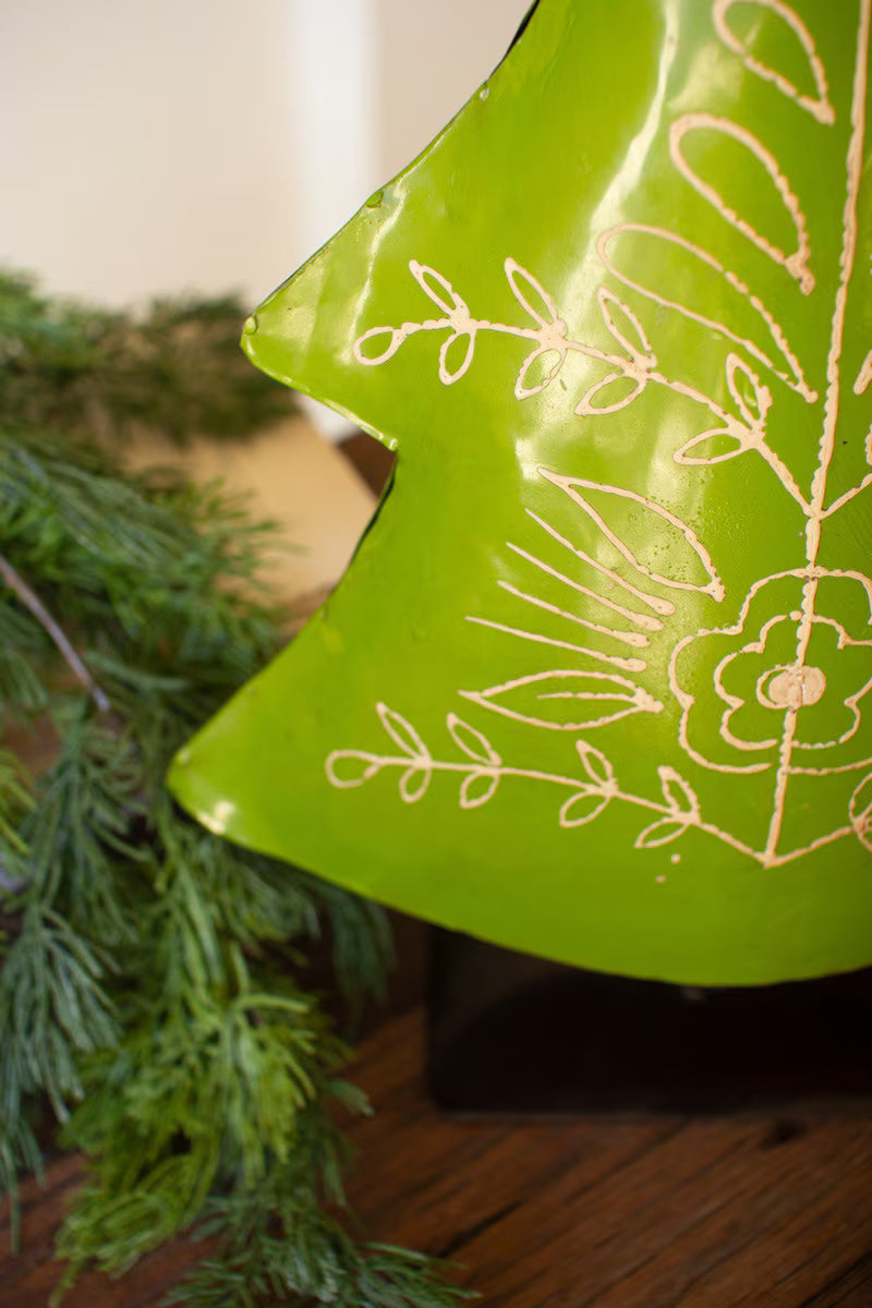 Set of 2 Painted Recycled Metal Folk Christmas Trees