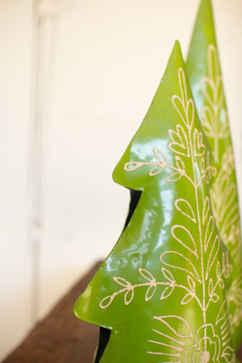 Set of 2 Painted Recycled Metal Folk Christmas Trees