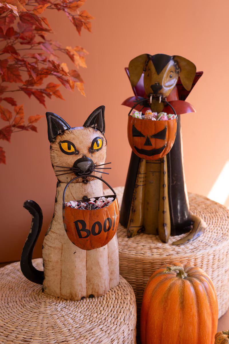 Set of 2 Recycled Metal Halloween Cat and Dog