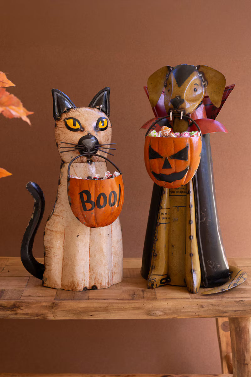 Set of 2 Recycled Metal Halloween Cat and Dog