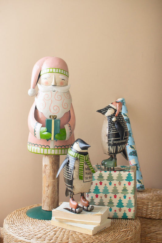 Painted Metal Santa on Wooden Base